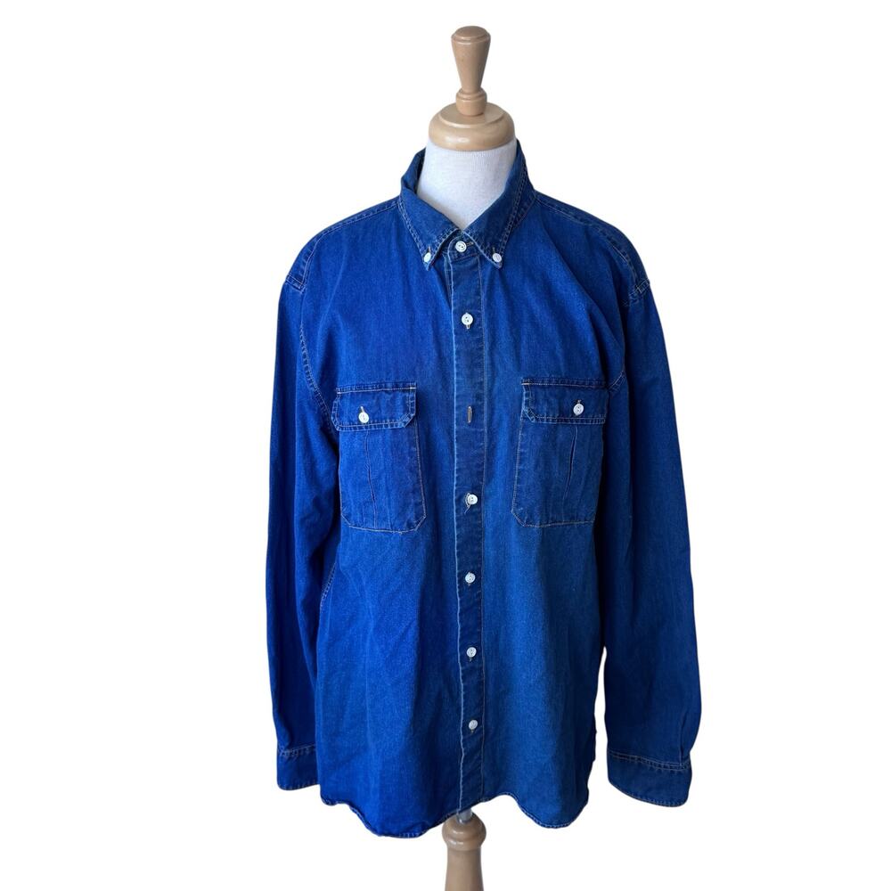 BONOBOS 100% Cotton Slim Fit XL Long Denim Button Up Shirt Blue